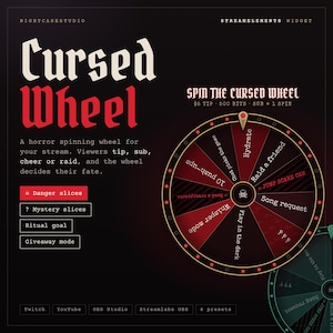 Ruleta maldita ⟢ Widget de ruleta de terror • Twitch YouTube StreamElements OBS • Donaciones, suscripciones, bits, giros de raid • Sorteo y modo de objetivos