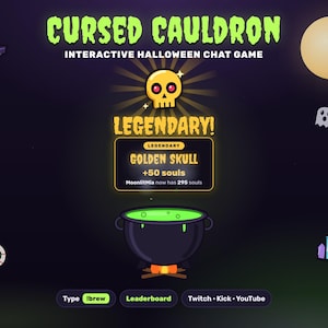 Puede incluir: Un gráfico digital para el juego de chat interactivo de Halloween Cursed Cauldron. Presenta un caldero negro con líquido verde, un icono de calavera dorada y texto que incluye Legendary Golden Skull +50 souls, MoonlitMia now has 295 souls.