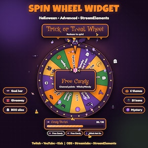 May include: A digital spin wheel widget for streaming featuring a purple and orange Halloween theme. The interface includes a Trick or Treat wheel, a candy bucket progress bar, and various icons like ghosts, bats, and pumpkins.