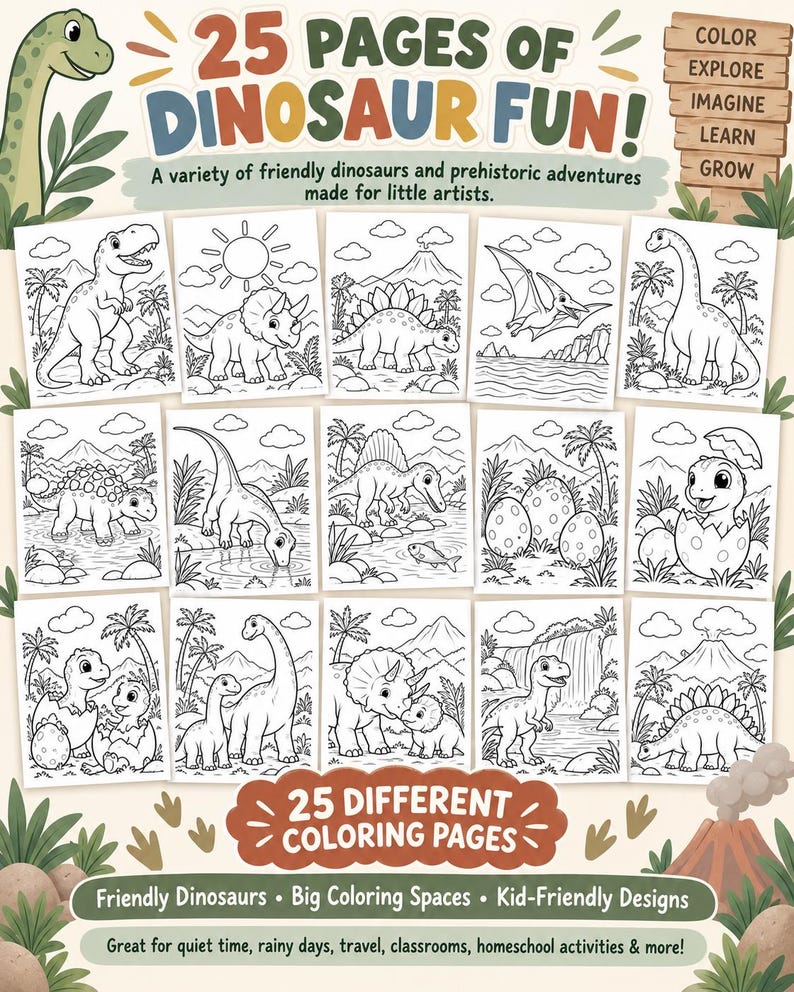 Dinosaur Coloring Pages for Kids | 25 Printable Preschool Activity ...