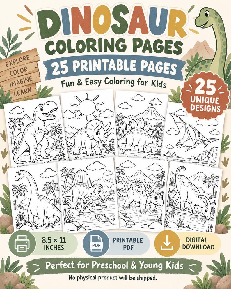 Dinosaur Coloring Pages for Kids | 25 Printable Preschool Activity ...