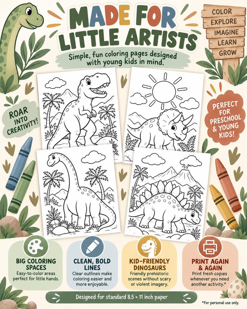 Dinosaur Coloring Pages for Kids | 25 Printable Preschool Activity ...