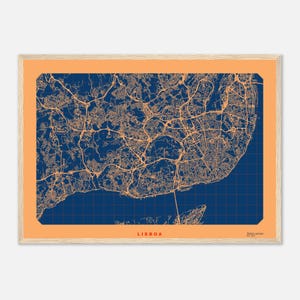 May include: A framed map print of Lisbon featuring a dark blue background with orange street lines and a grid pattern. The word LISBOA is printed in orange at the bottom center, with the text Retro series and the number 001 in the bottom right corner.