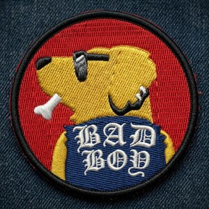 Embroidered Bad Boy Dog Patch, Retro Drink Logo, Iron-On Applique