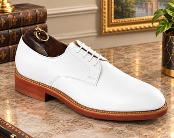 White Leather Dress Shoes, Men’s Formal Lace Up Shoes, Classic Derby Style