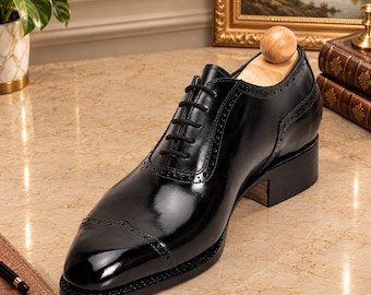 Men's Black Leather Oxford Shoes, Wingtip Brogue Dress Shoes