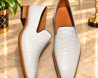 White Crocodile-Textured Loafers with Tan Brown Soles