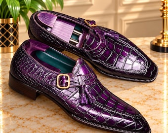 Purple Crocodile Textured Tassel Loafers, Men's Gold Buckle Dress Shoes