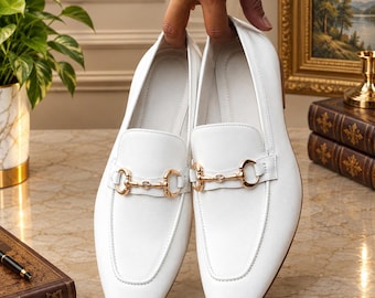 White Horsebit Loafers, Classic Slip-On Dress Shoes