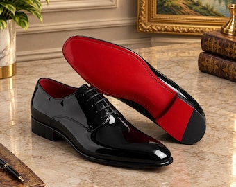 Men's Black Patent Oxford Shoes, Red Sole Lace-Up Dress Shoes