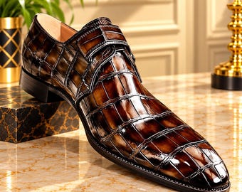 Glossy Brown Crocodile-Textured Monk Strap Dress Shoes