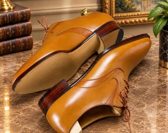 Tan Leather Oxford Shoes for Men, Handcrafted Classic Dress Shoes