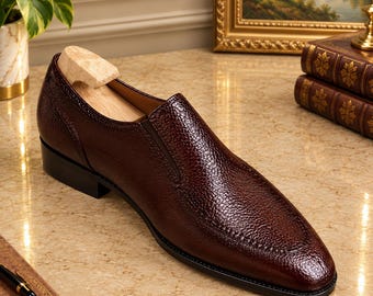 Men's Dark Brown Slip-On Loafers, Textured Dress Shoes