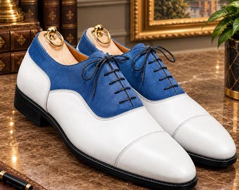 Blue White Leather Dress Shoes, Men’s Two Tone Formal Lace Up Shoes