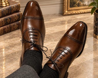 Brown Leather Cap Toe Oxford Shoes, Handcrafted Men's Dress Shoes