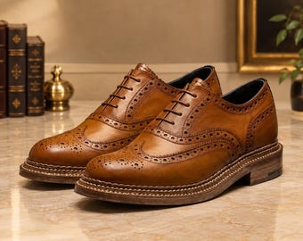 Scarpe brogue da uomo in pelle marrone, scarpe eleganti wingtip realizzate a mano