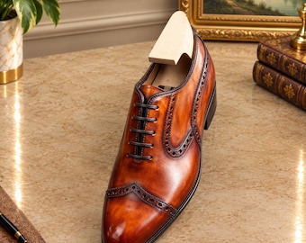Cognac Leather Oxford Shoes, Burnished Brown Brogue Lace Up Dress Shoes