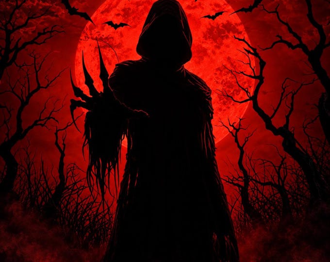 Featured listing image: Crimson Moon Grim Reaper Halloween Gothic Art | Dark Horror Printable Wall Art | Spooky Occult Poster | Gothic Halloween Decor