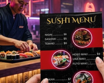 Editable Sushi Menu Template Canva, Modern Restaurant Menu Design, Japanese Food Menu Digital Download, Printable Neon Sushi Bar Menu Bundle