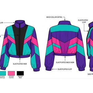 Chaqueta cortavientos retro de los 80 con bloques de color (paquete técnico) | Chaqueta deportiva vintage de nailon (boceto plano de moda) | Plantilla digital de ropa en PDF y PNG