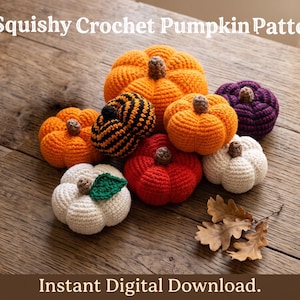 May include: A collection of handmade crochet pumpkins in orange, red, white, purple, and black-and-orange striped colours, each featuring a small brown stem. The text Squishy Crochet Pumpkin Pattern and Instant Digital Download. is visible.