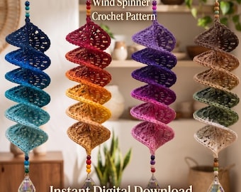 May include: Four hanging spiral wind spinners made of crocheted yarn in blue, red-orange, purple-pink, and brown-green gradients. Each spinner features a string of colorful beads at the top and bottom, ending with a clear faceted crystal prism.