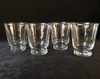 Libbey Footed Tumblers - Gold Atomic Stars - Set of 4 - Vintage Drinkware