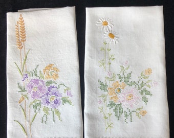 Ecru Linen Tea Towels - Cross Stitched Flowers- Green gold Purple - Set of 2 Vintage Linens