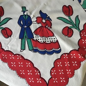 Kitchen Tablecloth vintage Table Linen Primary Colors Victorian Women Red Tulips and Swag Blue Bows image 6