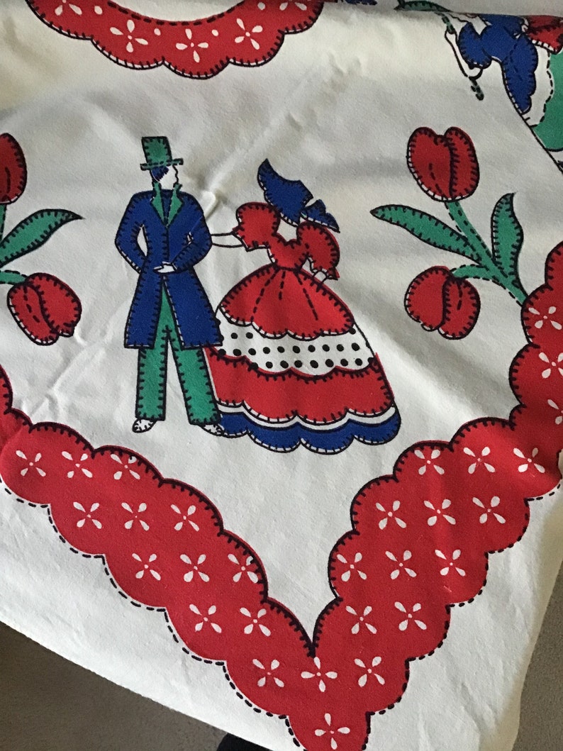 Kitchen Tablecloth vintage Table Linen Primary Colors Victorian Women Red Tulips and Swag Blue Bows image 6