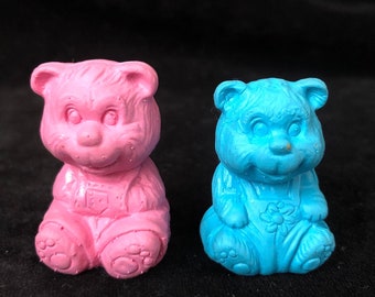 Diener Erasers - Momma and Baby Bear - Pink & Blue - Vintage Rubber Erasers - 1984