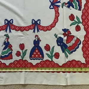 Kitchen Tablecloth vintage Table Linen Primary Colors Victorian Women Red Tulips and Swag Blue Bows image 3