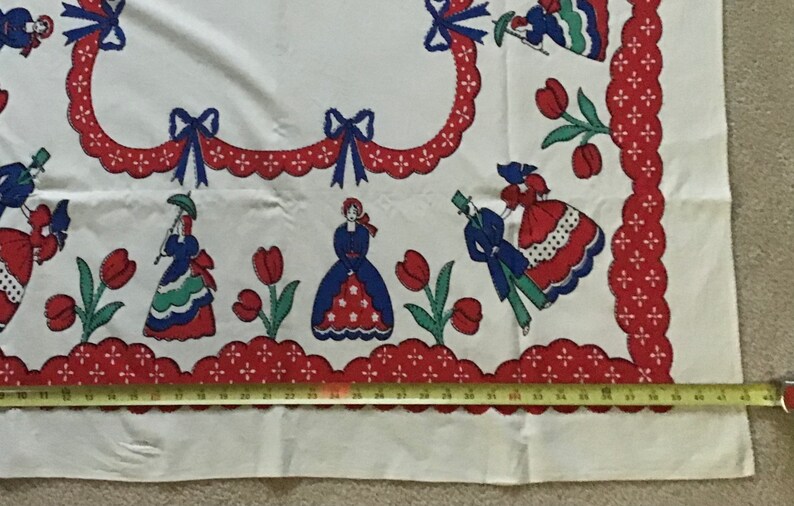 Kitchen Tablecloth vintage Table Linen Primary Colors Victorian Women Red Tulips and Swag Blue Bows image 3