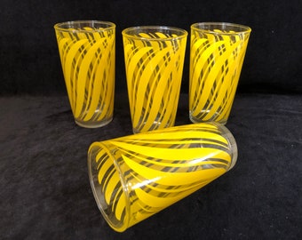 Hazel Atlas - Yellow Swirl Tumblers - Set of 4 - 10 Ounce - Vintage Drinkware