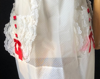 Because Originals Miss Helen -White Swiss Dot Lace Half Apron - Red Embroidered Heats Ribbon - VTG Kitchen Apron