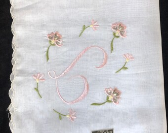 White Cotton Handkerchief - Pink Monogrammed L Embroidered Flowers -  Vintage Bridal Hankie - NOS