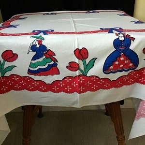 Kitchen Tablecloth vintage Table Linen Primary Colors Victorian Women Red Tulips and Swag Blue Bows image 1