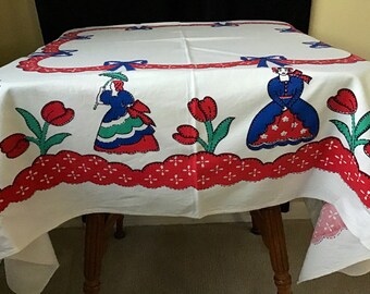 Kitchen Tablecloth - vintage Table Linen - Primary Colors - Victorian Women - Red Tulips and Swag - Blue Bows