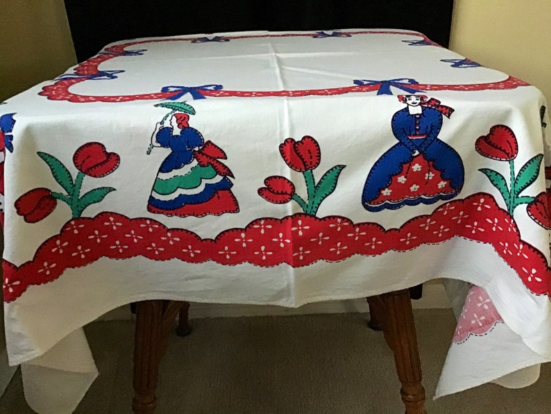 Kitchen Tablecloth vintage Table Linen Primary Colors Victorian Women Red Tulips and Swag Blue Bows image 1