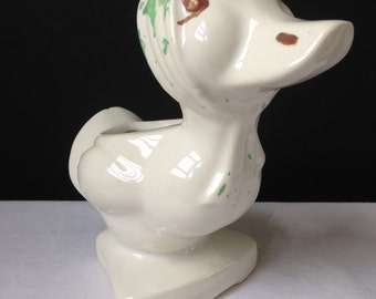 Vintage Duck Planter - Pottery - Scarf-wearing Duck White, Green and Brown - Unmarked -