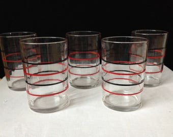 Kraft Swankyswigs - Black and Red Bands - Glassware - Set of 5 - Ribbed  - 3 3/8"