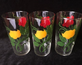 Libbey Tumblers - Red & Yellow Roses - Set of 3 - 8 ounce