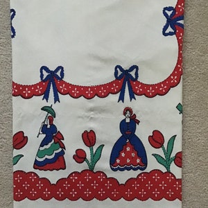 Kitchen Tablecloth vintage Table Linen Primary Colors Victorian Women Red Tulips and Swag Blue Bows image 2