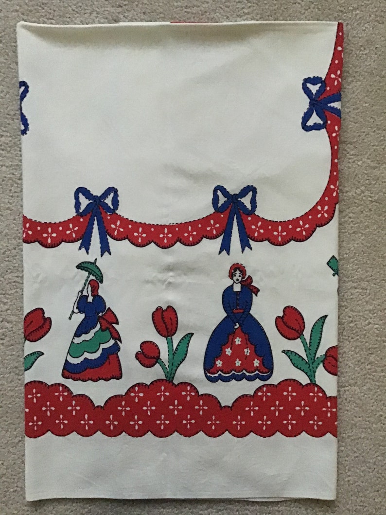 Kitchen Tablecloth vintage Table Linen Primary Colors Victorian Women Red Tulips and Swag Blue Bows image 2