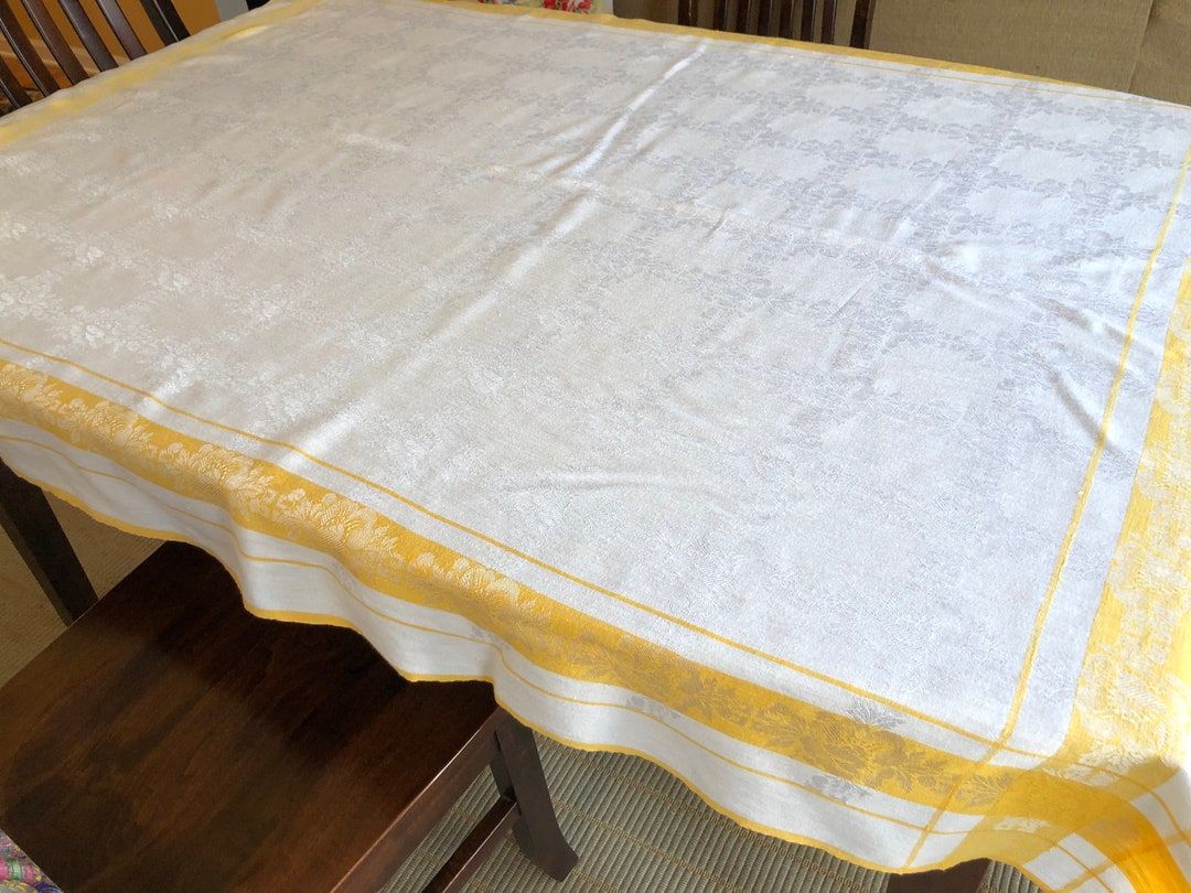 Vintage White and Yellow Damask Tablecloth Floral and Plaid Etsy