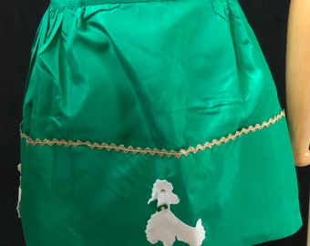 Nylon Satin Kelly Green Half Apron -  Felt Poodles Hold Ric Rac - Vintage Kitchen Linens