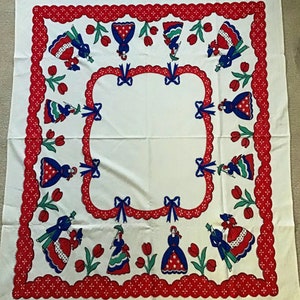 Kitchen Tablecloth vintage Table Linen Primary Colors Victorian Women Red Tulips and Swag Blue Bows image 5