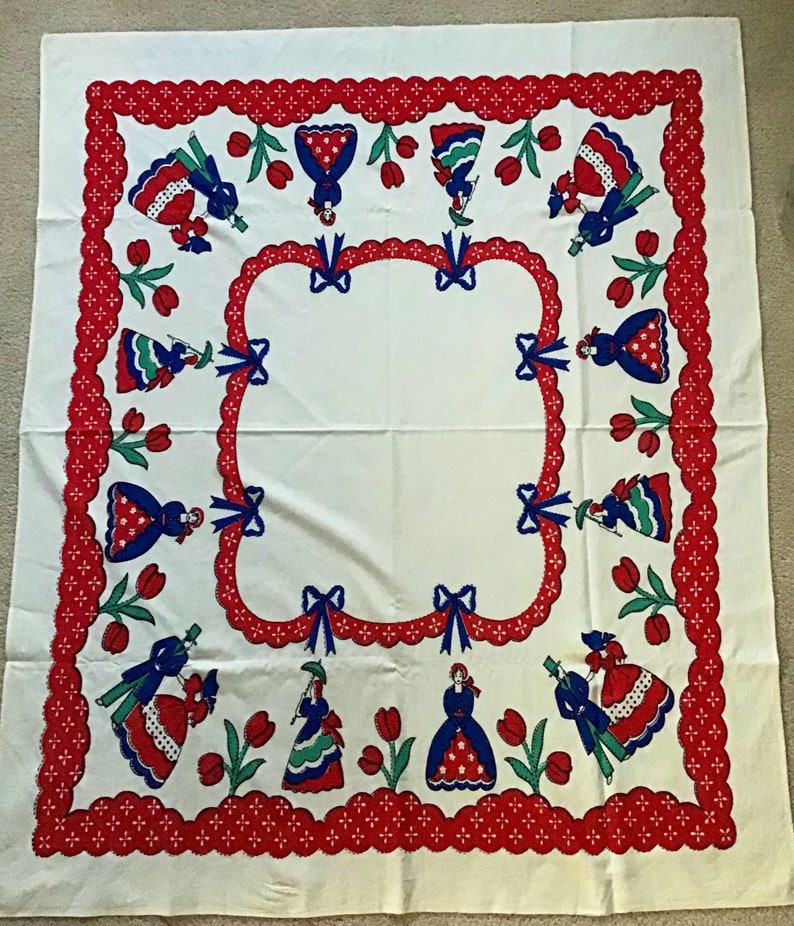 Kitchen Tablecloth vintage Table Linen Primary Colors Victorian Women Red Tulips and Swag Blue Bows image 5