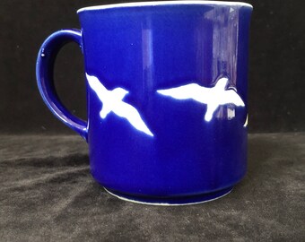 Stoneware Pottery Mug - White with Blue Glaze - Birds - Japan - Vintage Pottery Mug