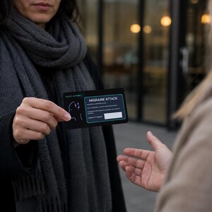 May include: A rectangular black plastic card with rounded corners featuring the text "MIGRAINE ATTACK" in white, a line drawing of a head with lightning bolts, and a blank white rectangular space for contact information, labeled "CONTACT IF NEEDED."